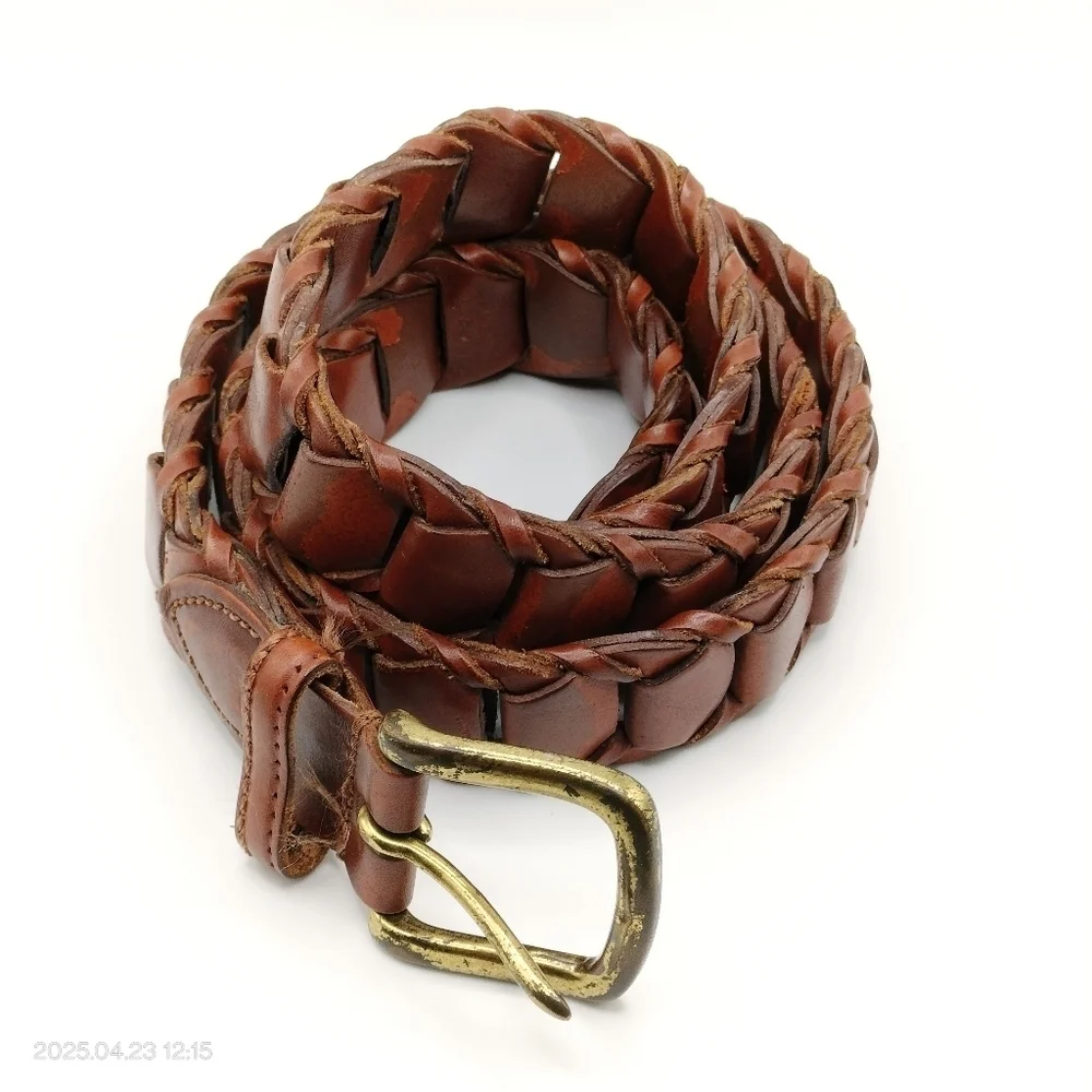 Genuine Leather Men's Brown Belt 38 Rectangular Braided With Solid Brass Buckle